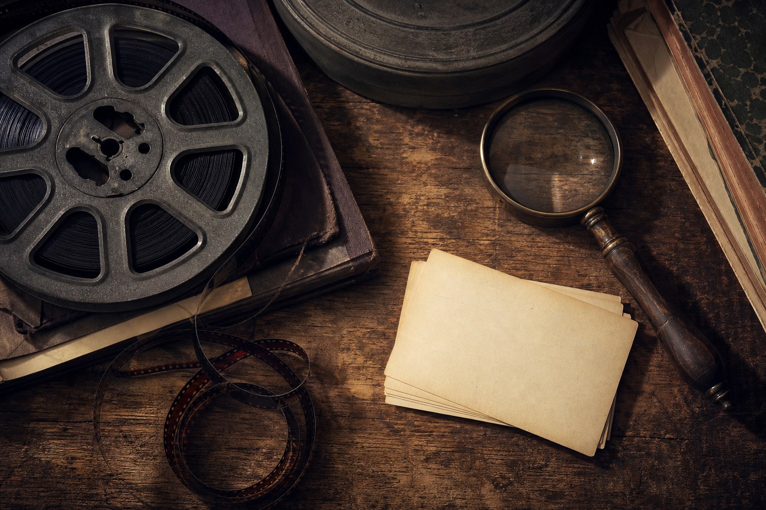 Vintage film reel, magnifying glass, and blank research cards on a wooden table