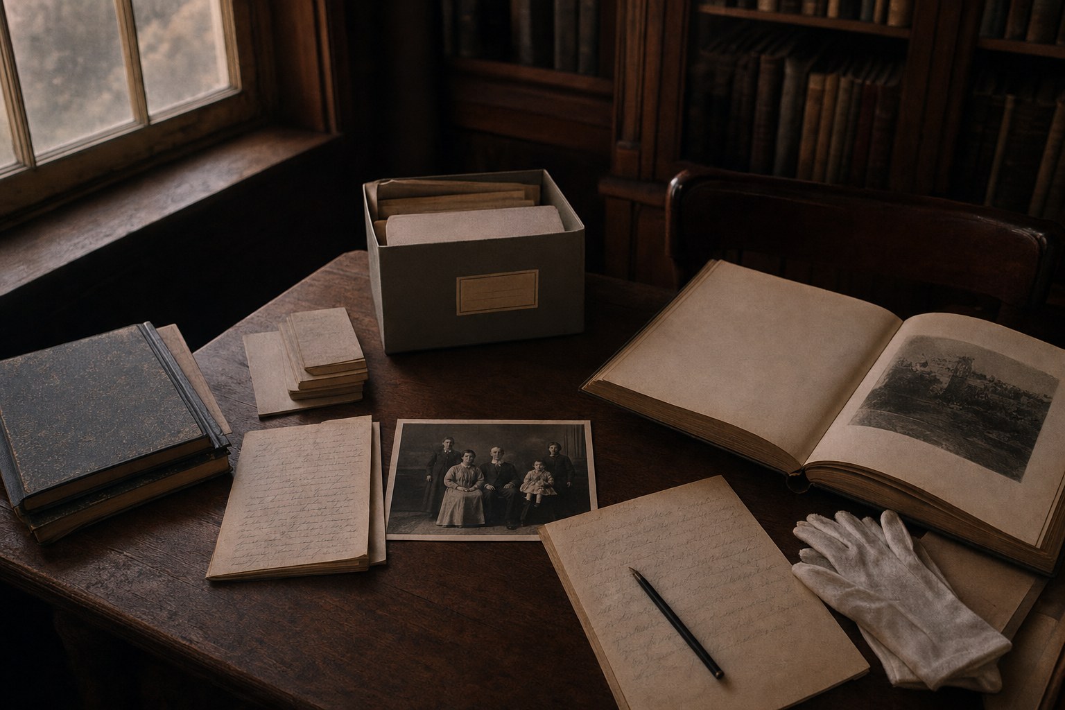 Archival research materials, family photograph, and gloves on a wooden table