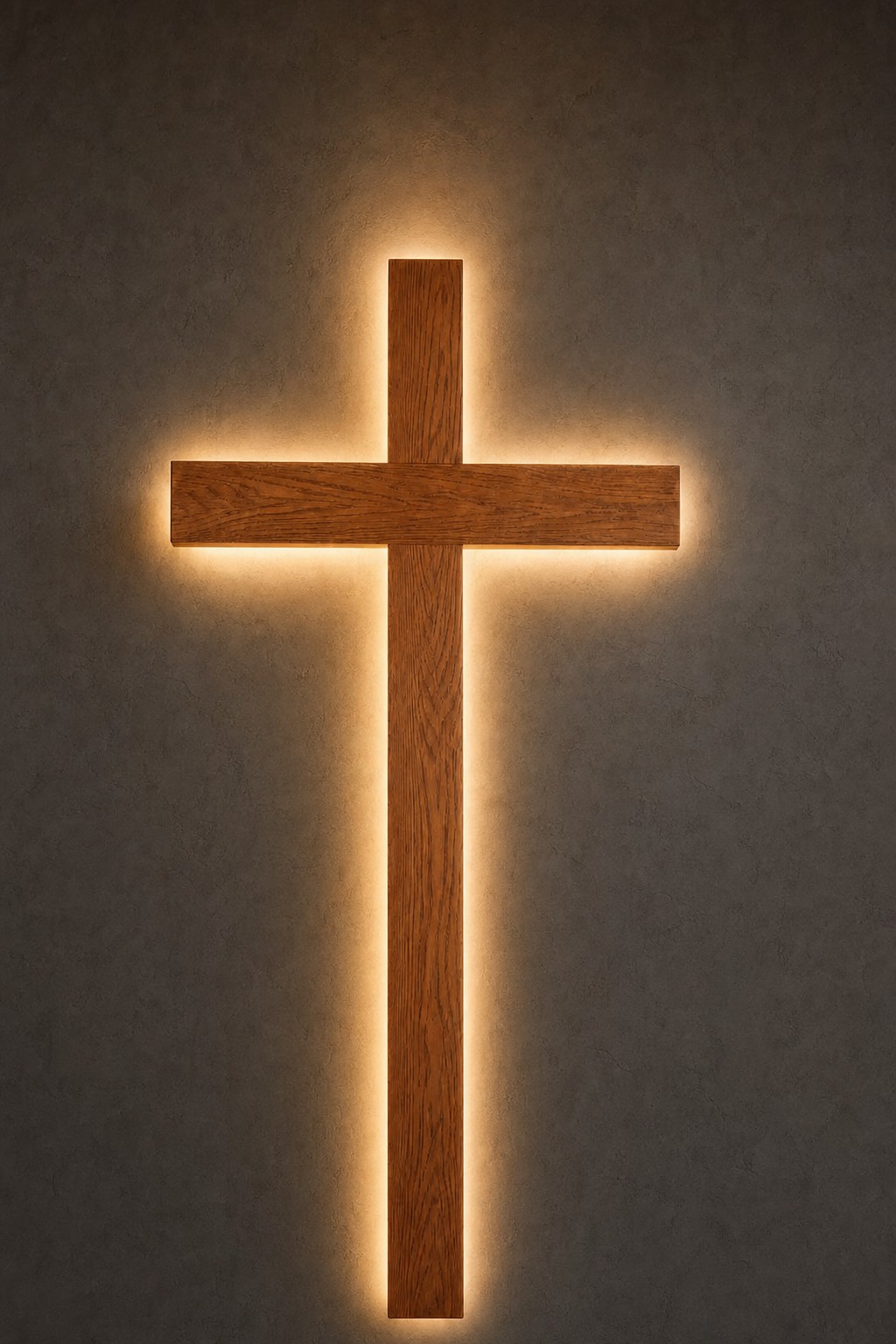 Backlit red-oak wood cross against a sanctuary wall