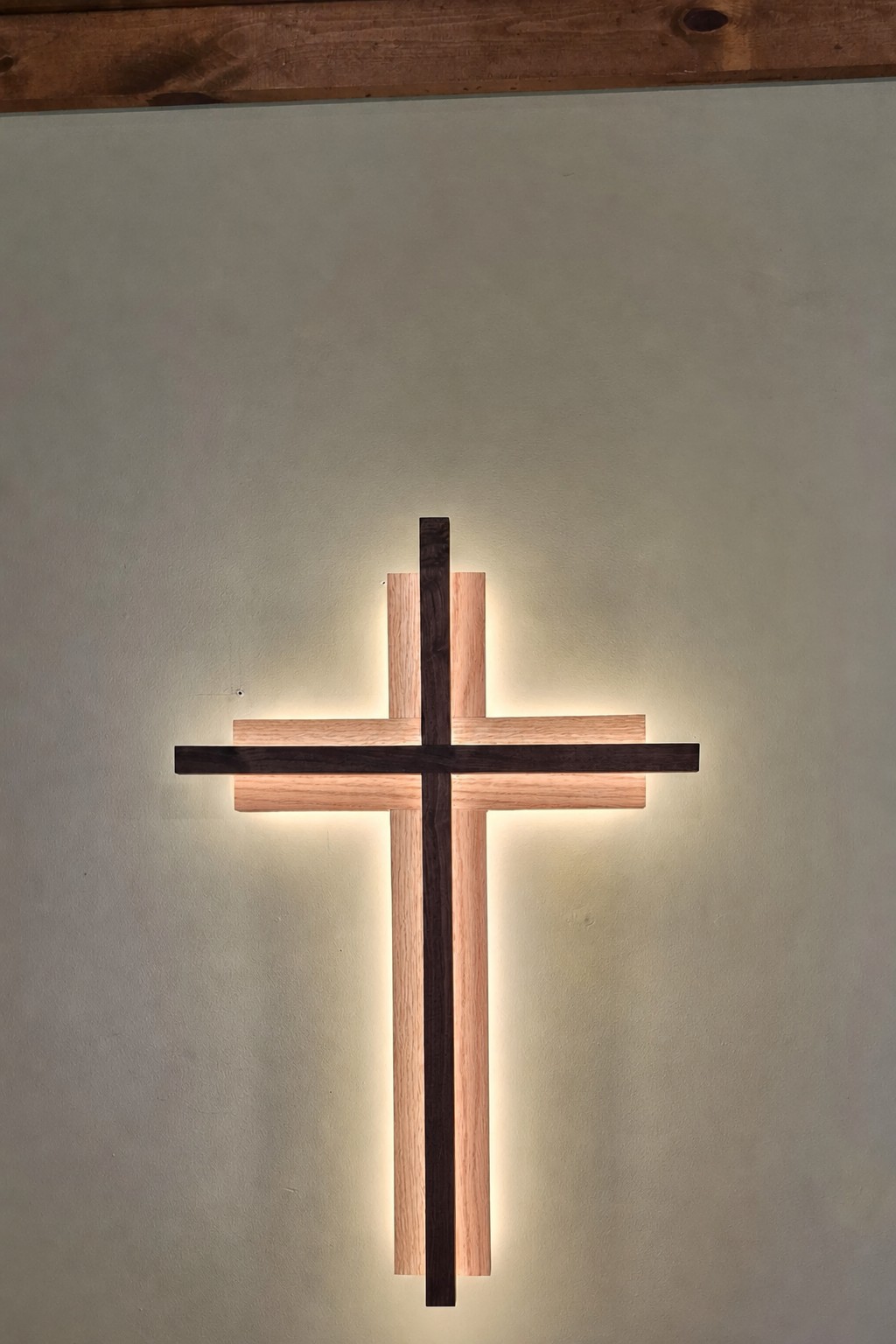 Detail of a handcrafted lighted wood cross