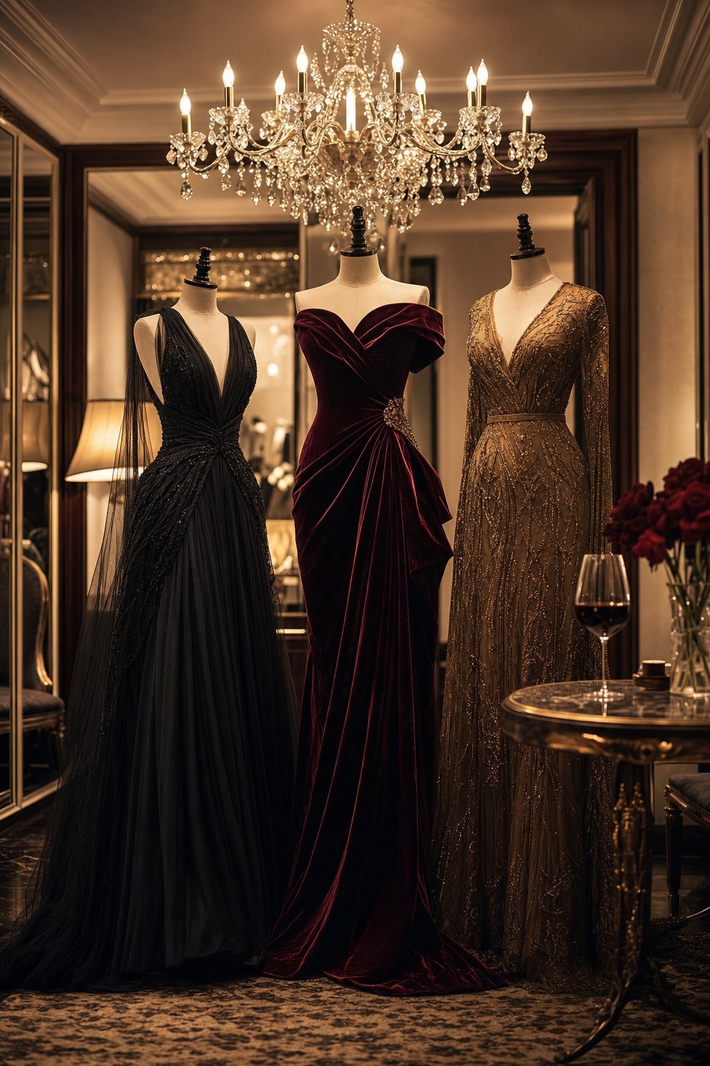 Three fictional fashion-editorial women in evening looks