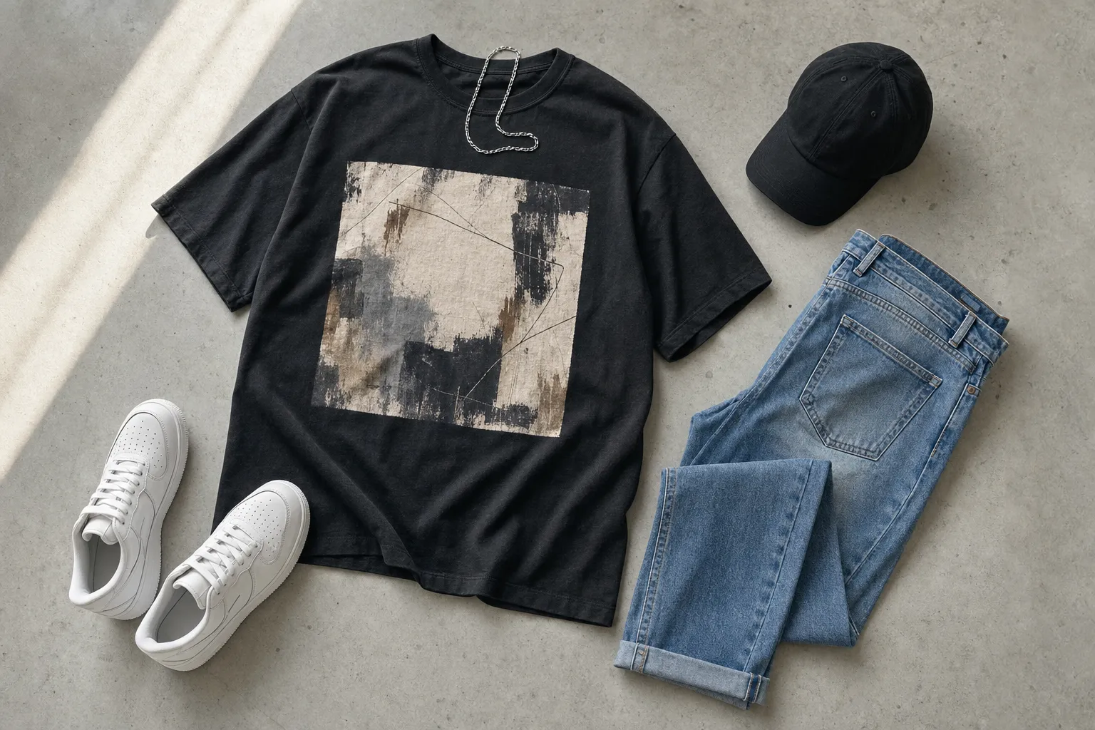 Black graphic tee with jeans, sneakers, cap, and chain