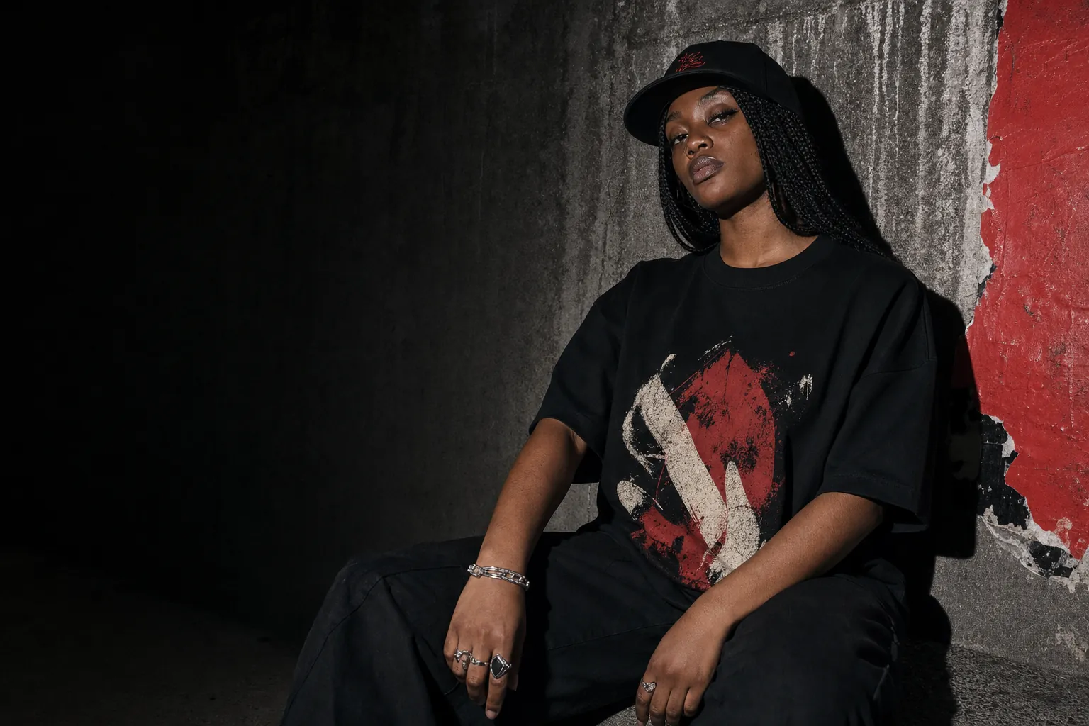 Model in an original black and red graphic tee against a concrete wall
