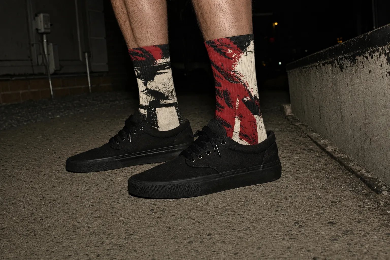 Graphic crew socks with black sneakers