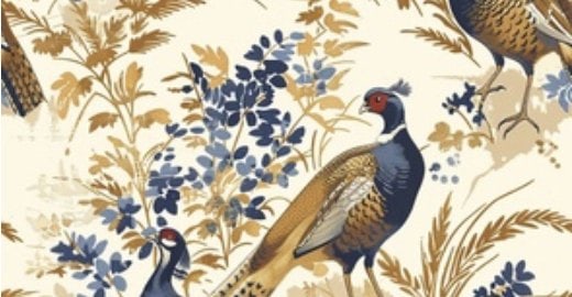 Blue and gold pheasants among botanical branches on a warm cream ground