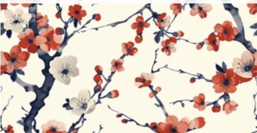 Coral blossom branches with navy stems on a soft cream ground