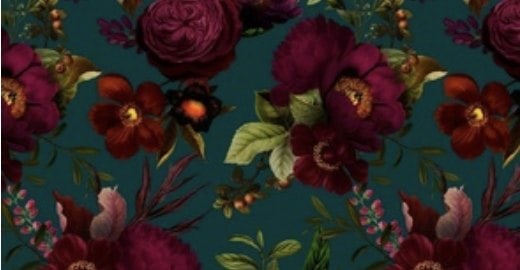 Burgundy and plum peonies on a deep teal ground