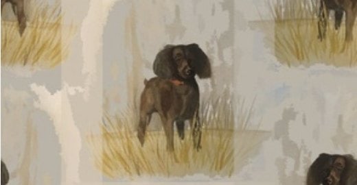 Softly painted sporting dog fabric with wheat grass and a pale neutral ground