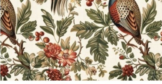 Richly coloured pheasants, leaves, and berries on a cream ground