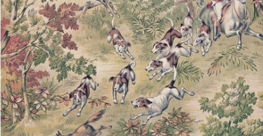 Vintage-style sporting hunt scene with hounds and riders in a wooded landscape