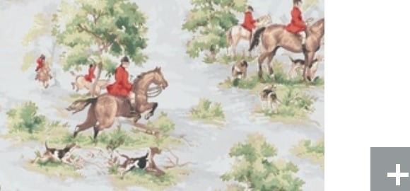 Pale blue fabric illustrated with riders, horses, and hounds