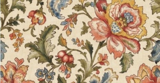 Coral, blue, and gold Jacobean flowers on a warm cream ground