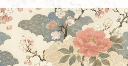 Soft coral peonies and blossoms with cloud motifs on a cream ground