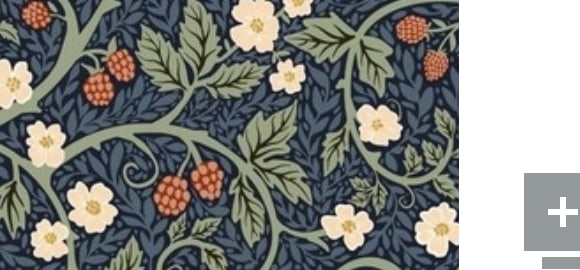 Dark blue fabric with raspberry vines and cream flowers