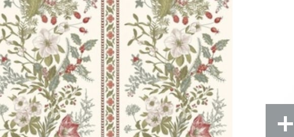Cream fabric with a vintage floral stripe in soft green and red