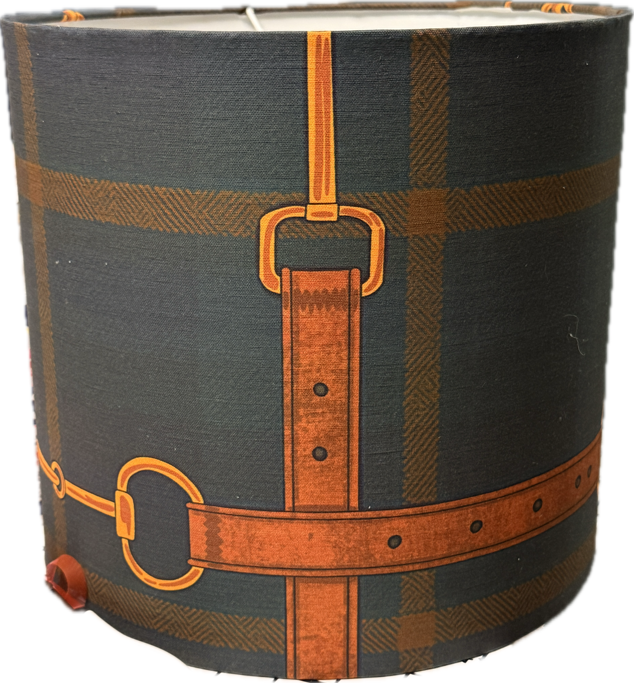 Custom lampshade in a tailored dark plaid and leather strap motif