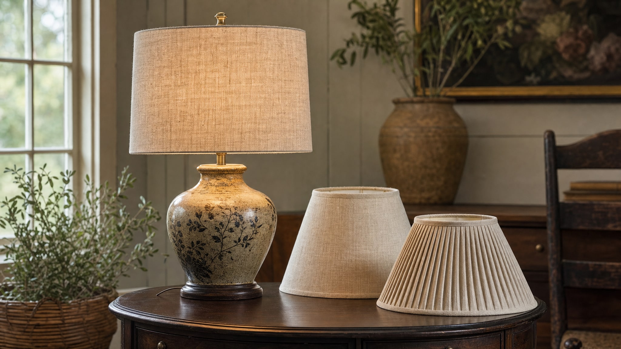 Vintage ceramic lamp with a linen drum shade beside tapered and pleated lampshades