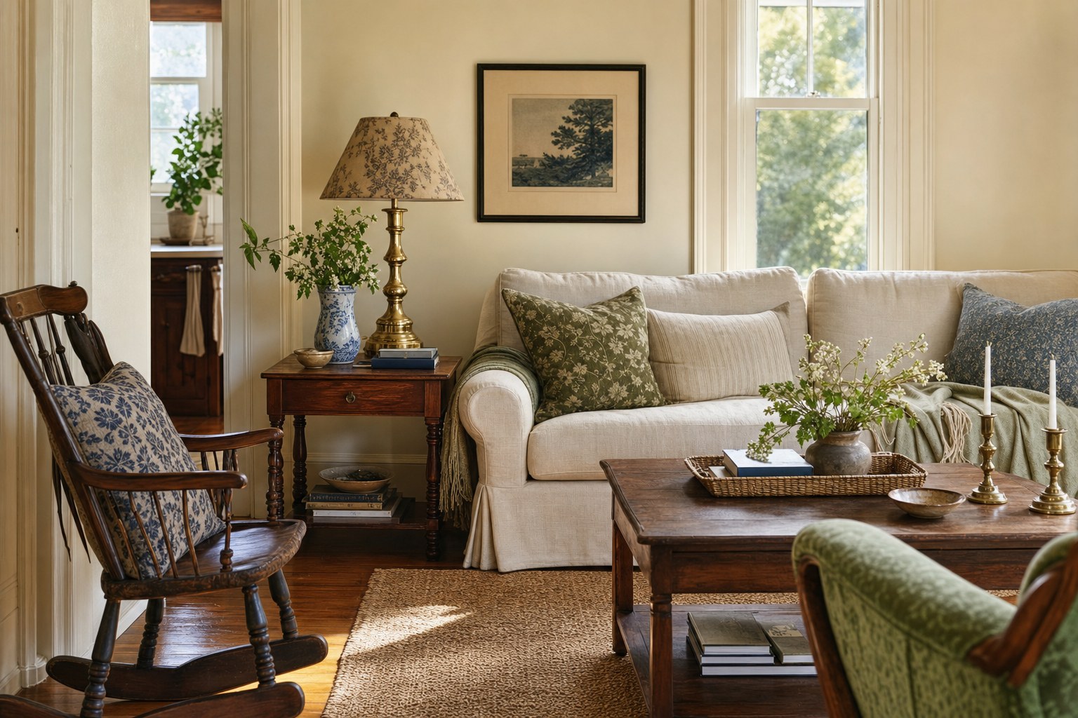 A collected living room with a brass lamp, vintage chair, blue-and-white vase, and linen sofa