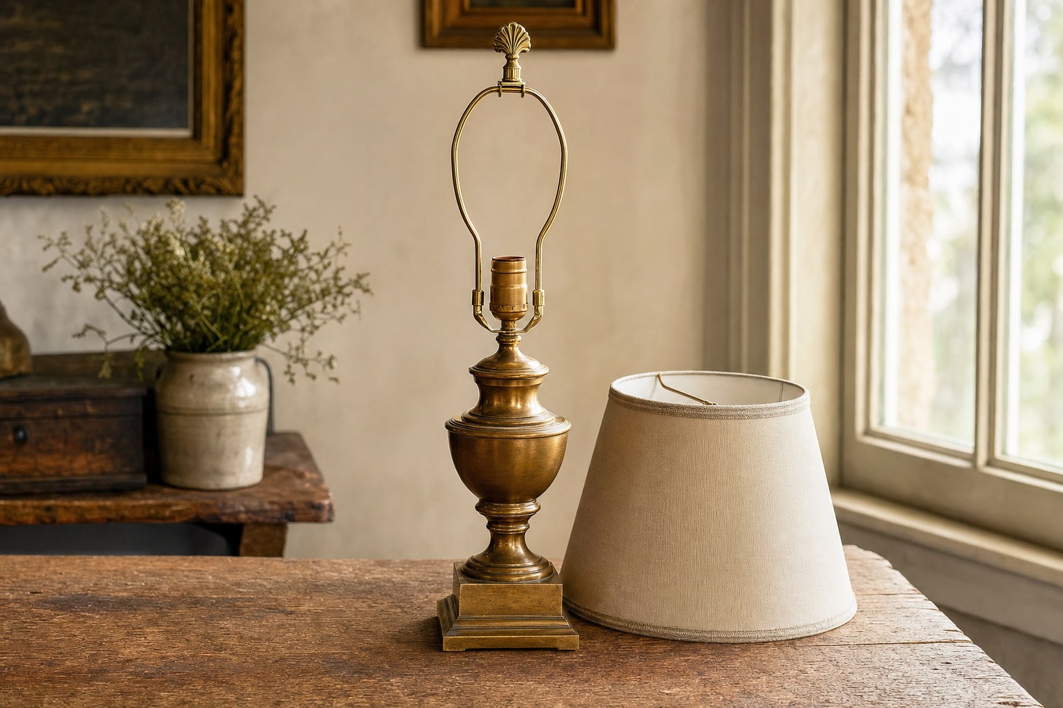 Vintage brass lamp with its harp exposed beside a linen lampshade