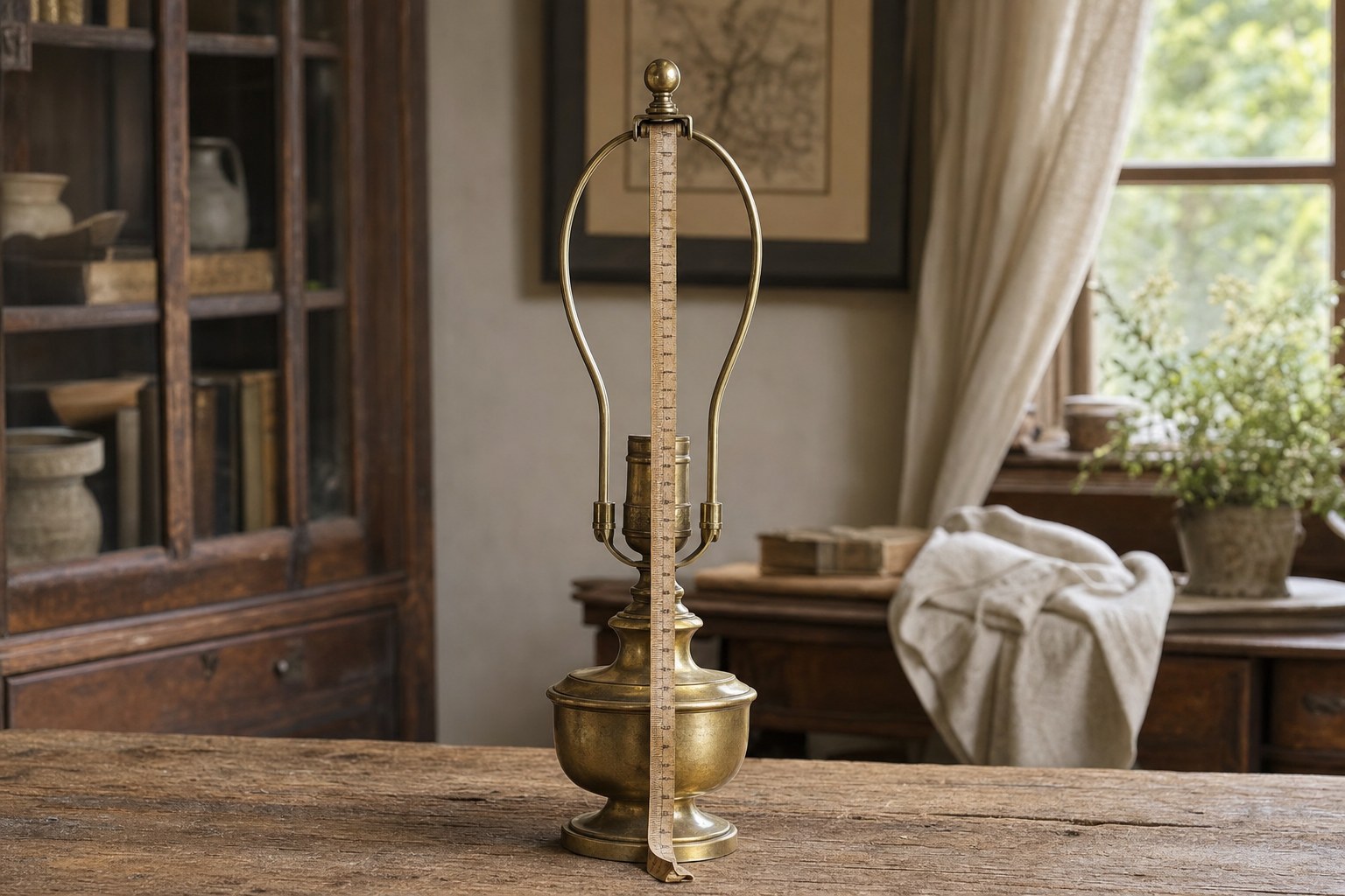 Vintage brass table lamp with a tape measure held along the harp