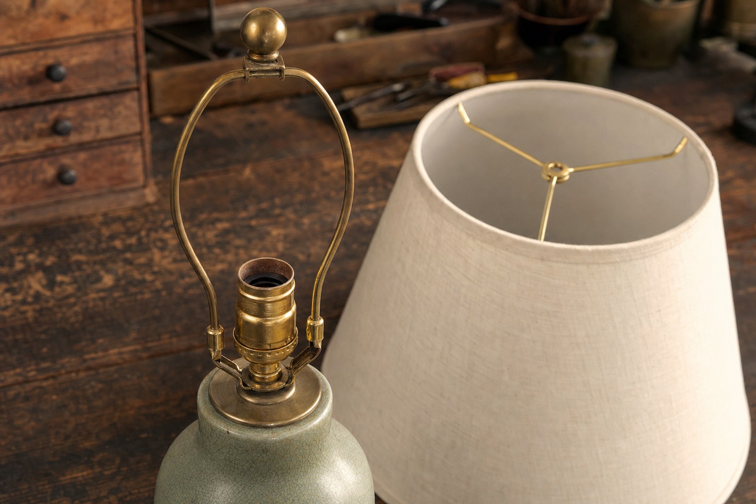 Close view of a brass lamp harp and a linen shade with a spider fitter