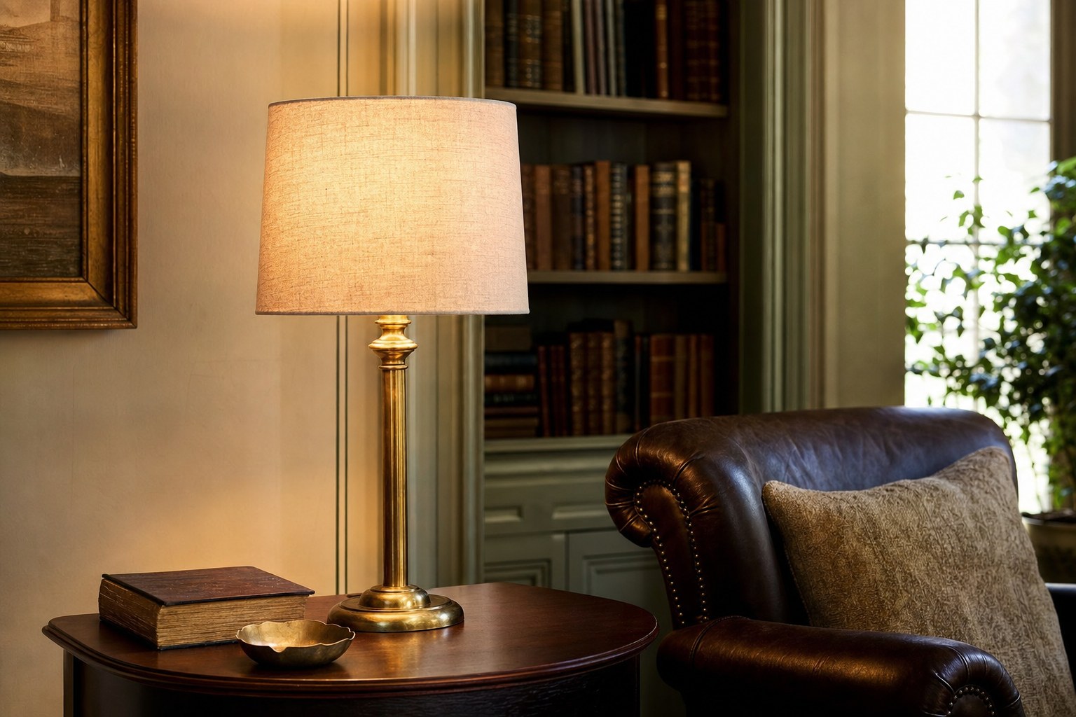 Brass lamp with a linen shade balanced beside a leather chair