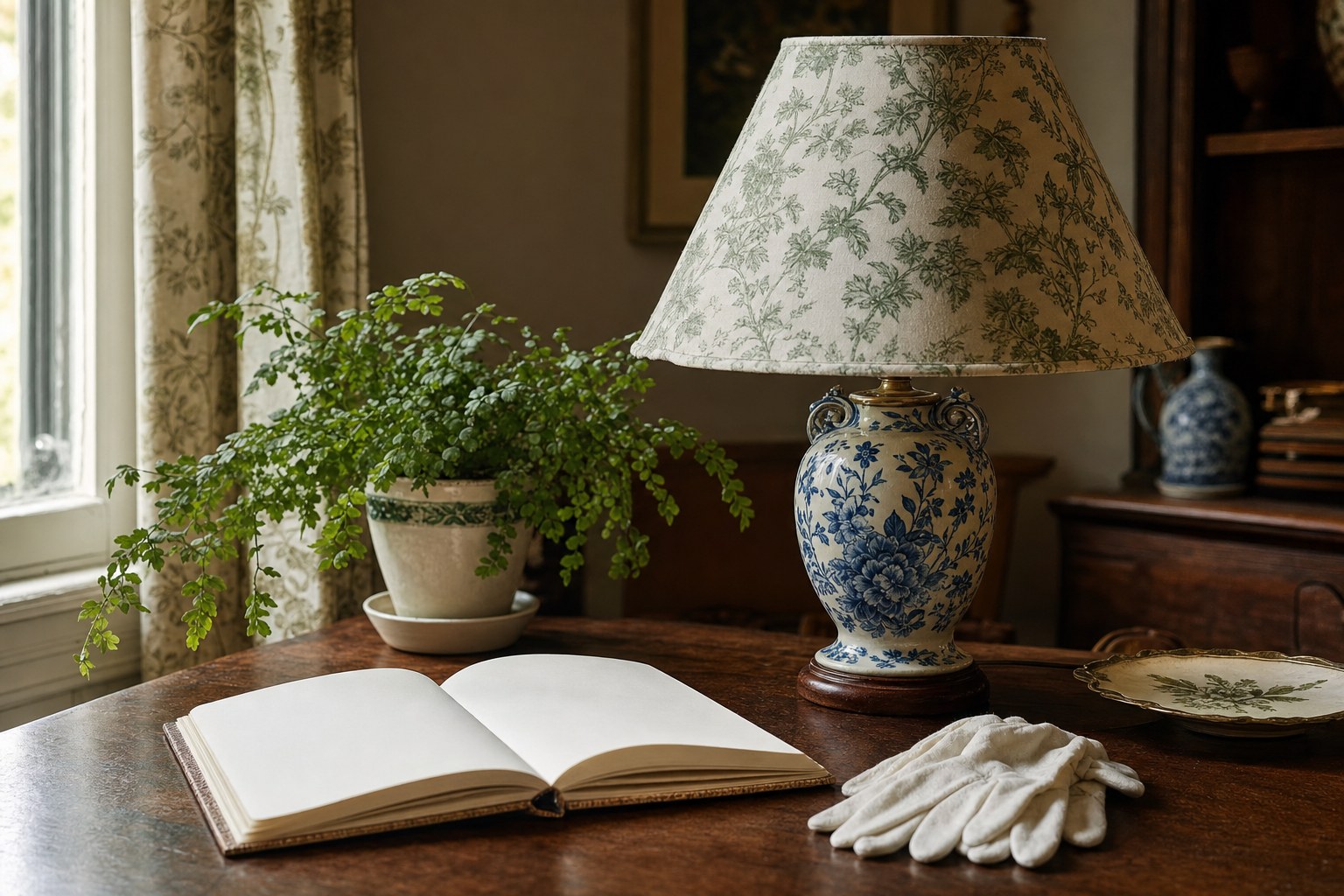 Blue floral lamp with a patterned fabric shade beside a blank notebook and cotton gloves