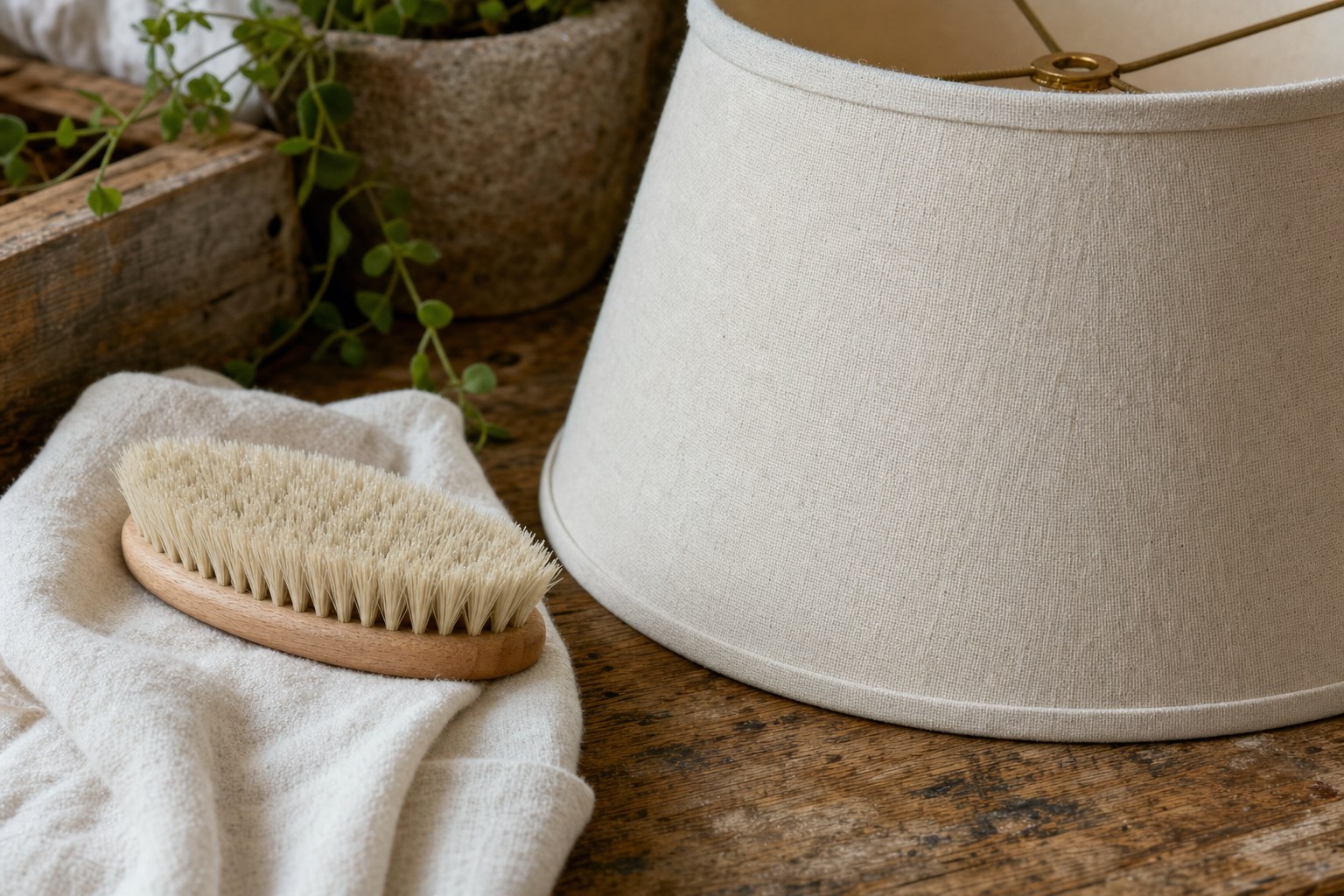 Soft brush and cotton cloth beside a plain fabric lampshade