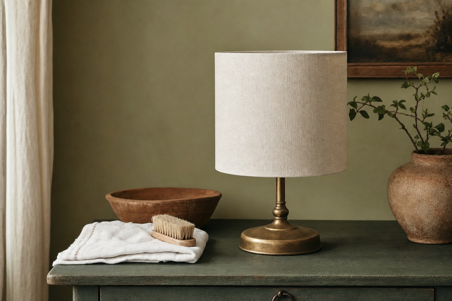 Ivory linen lampshade on a vintage brass lamp beside a cloth and soft brush