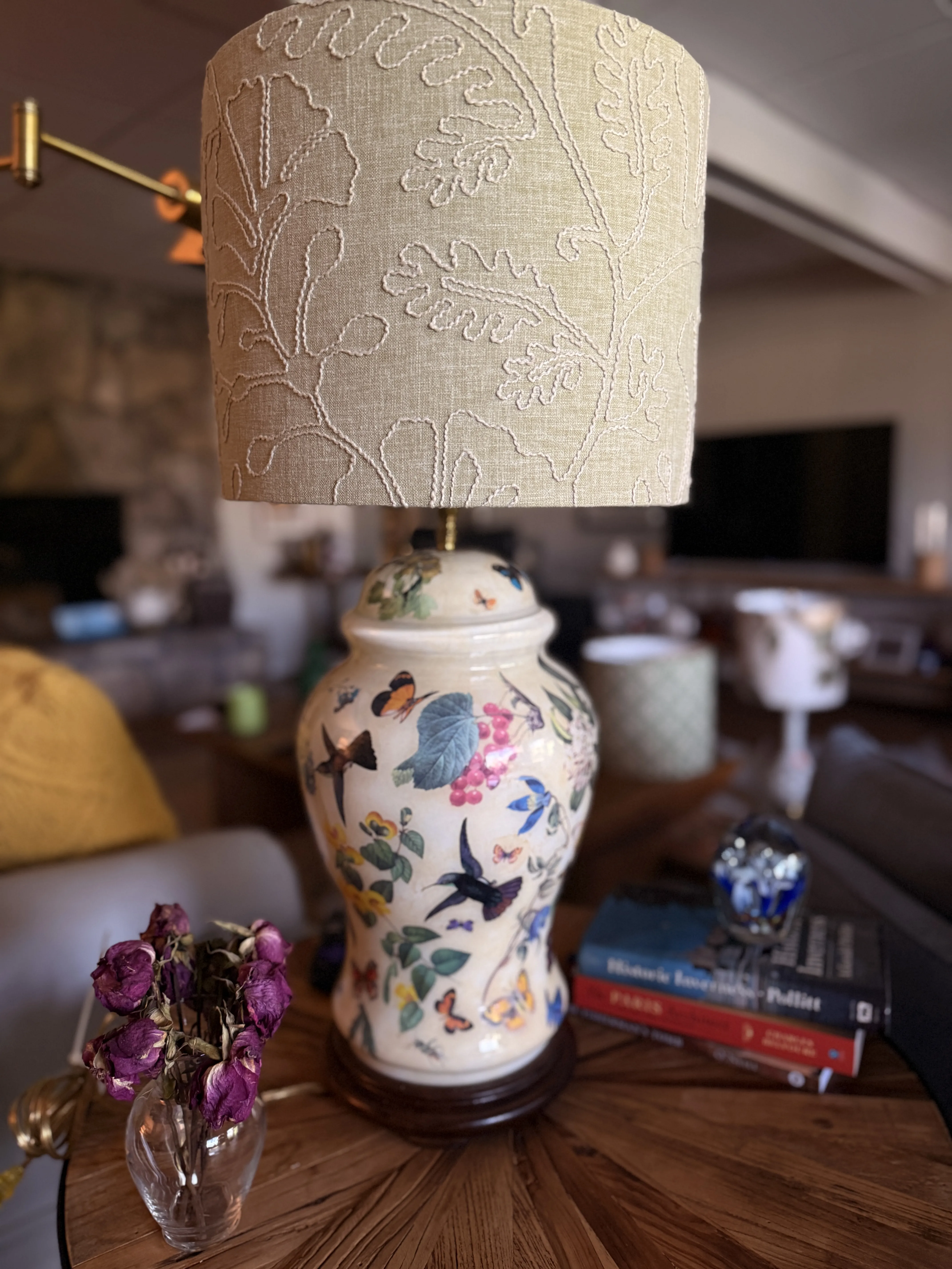 Vintage ceramic lamp with a botanical linen shade