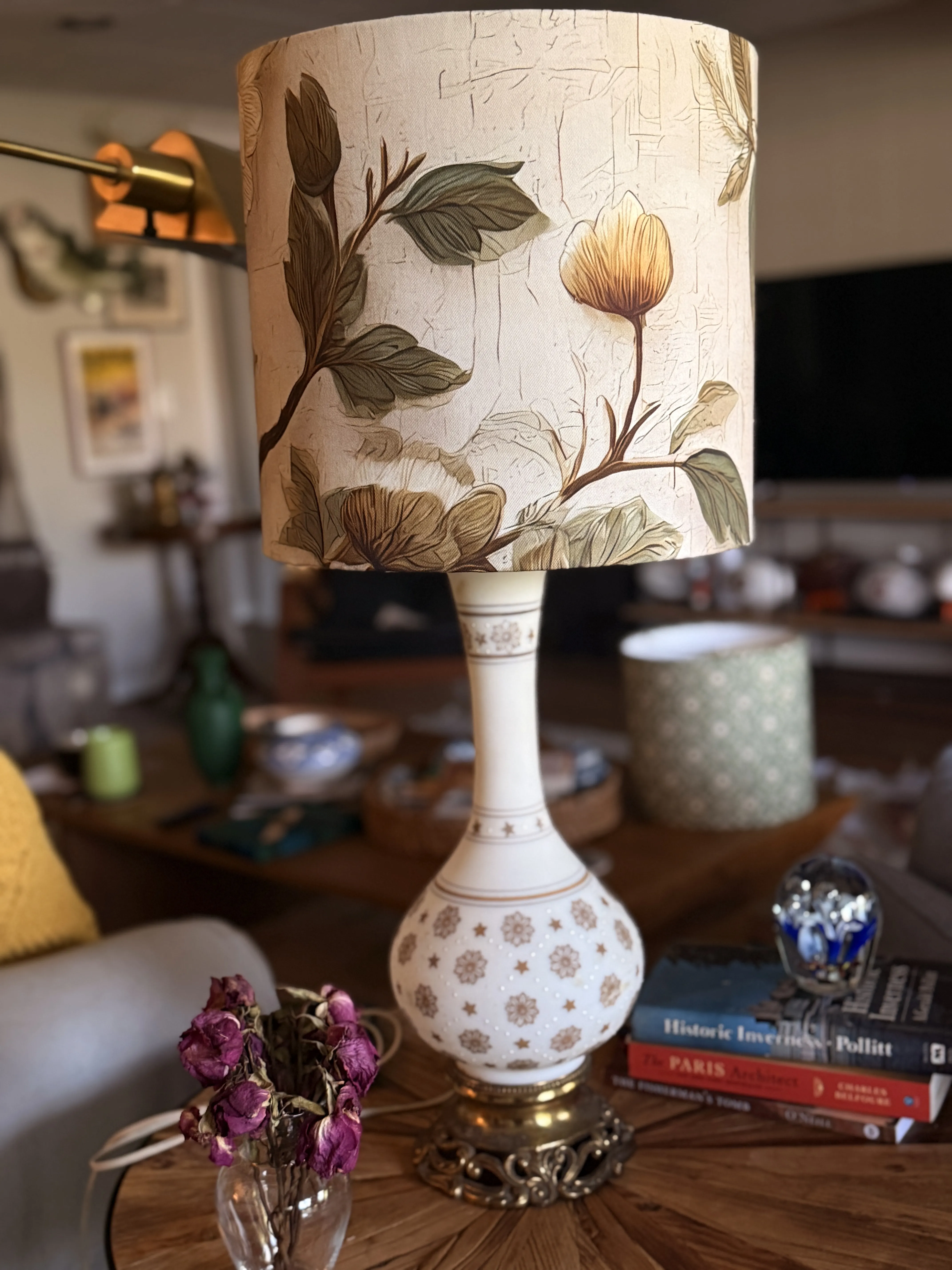 Restored porcelain lamp with a patterned linen shade