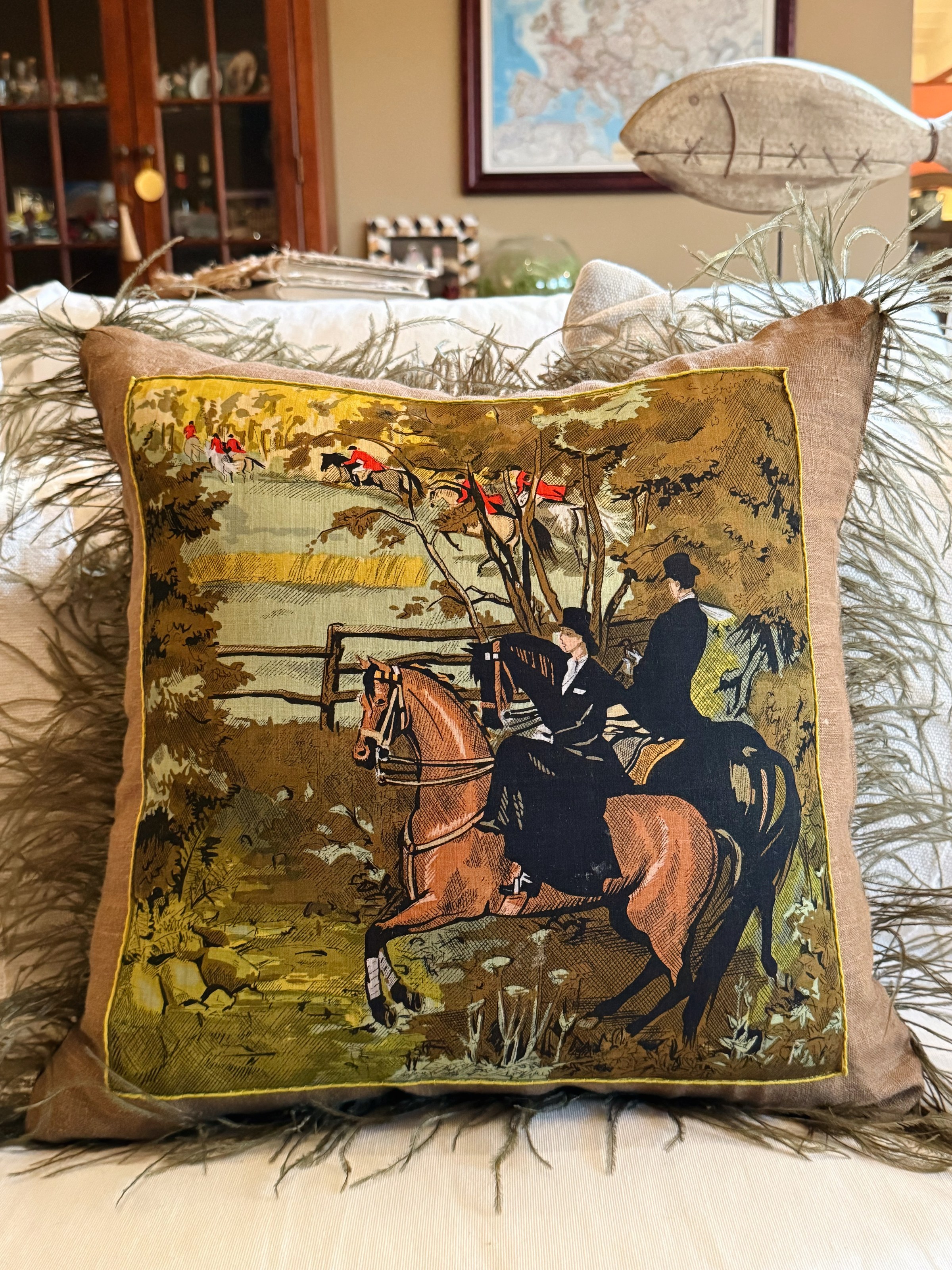 Handmade brown cushion with a vintage riding scene