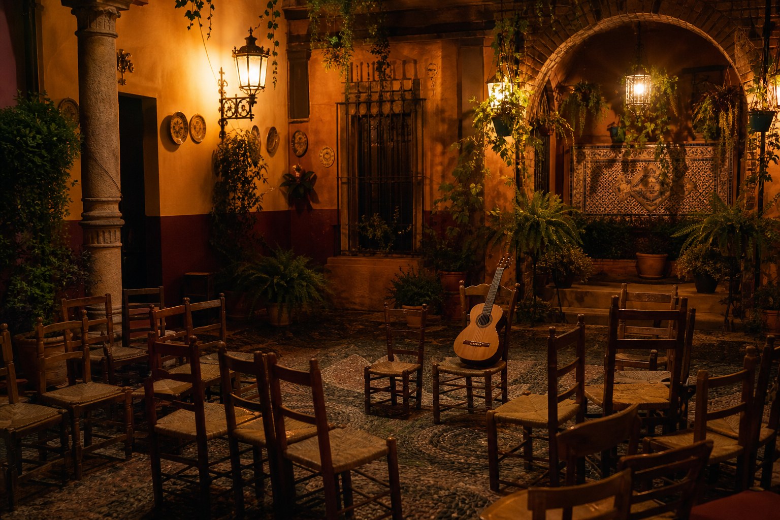 Lantern-lit Andalusian courtyard prepared for an evening flamenco performance