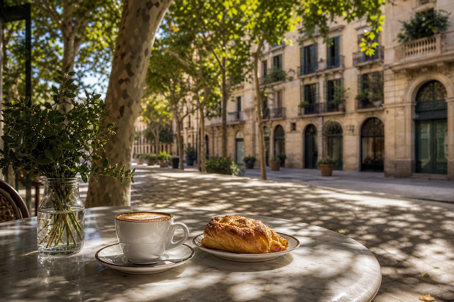 Sunlit café table on a leafy Barcelona street