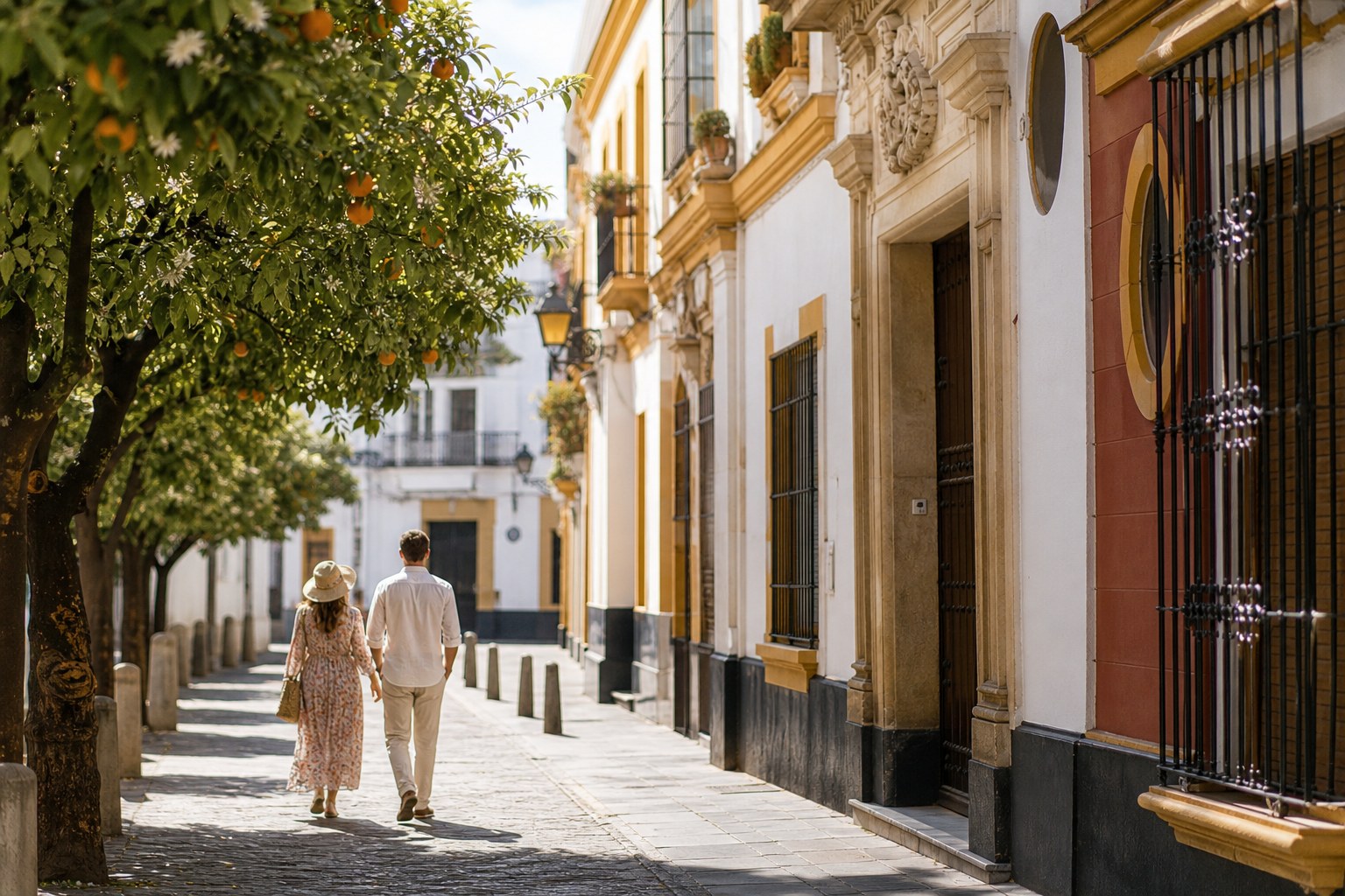 Couple walking a sunlit street in Seville during spring
