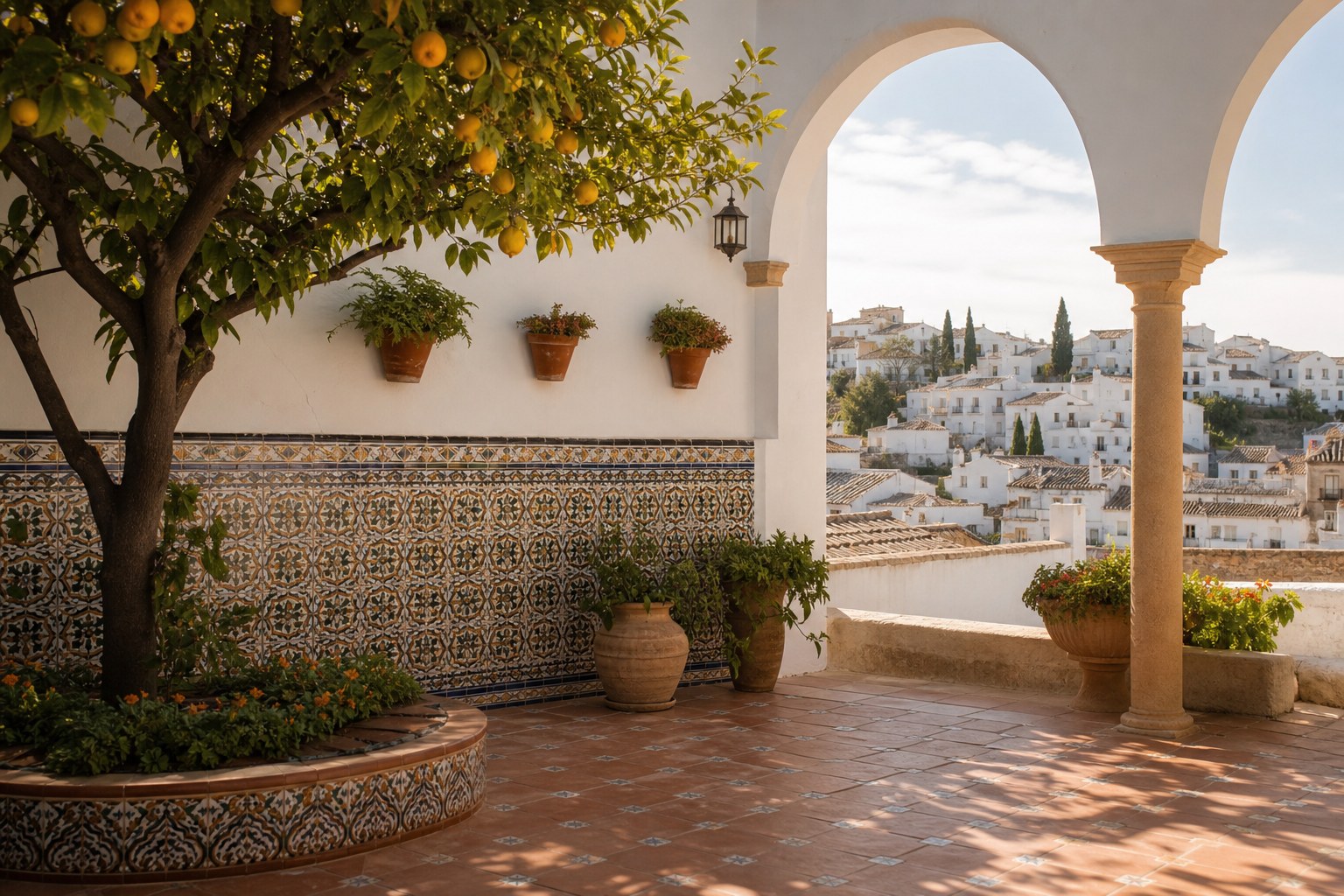 Andalusian courtyard overlooking a whitewashed Spanish hill town