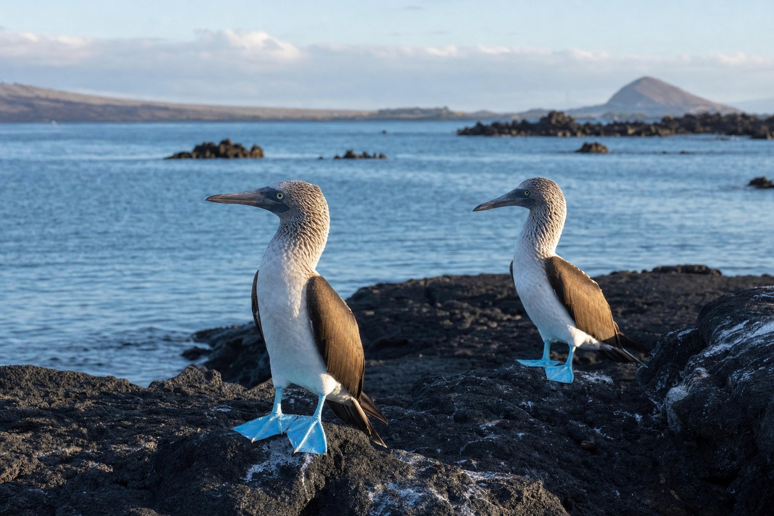 Blue-footed boobies on a volcanic Galápagos shore