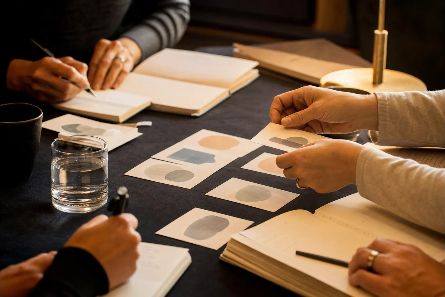 Participants using visual prompts and notebooks during a workshop