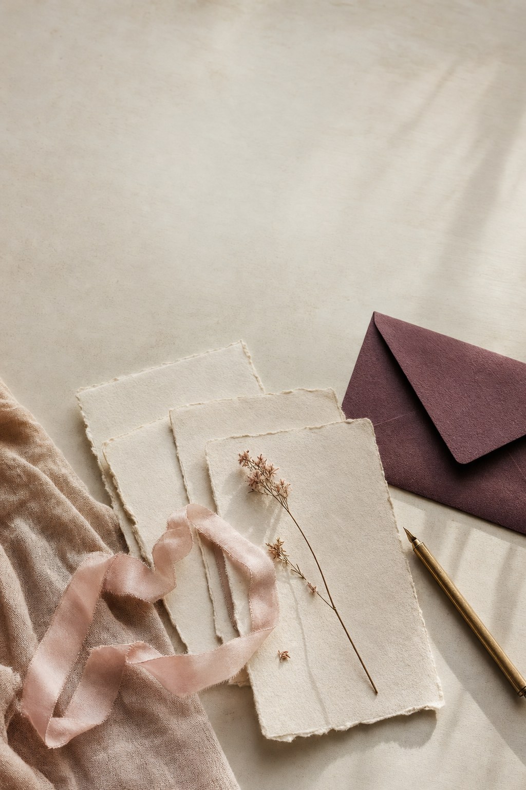 Handmade paper letters with a blush ribbon and plum envelope