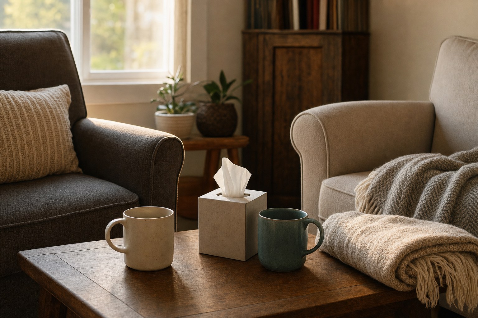 Two mugs and a box of tissues on a living room table between armchairs