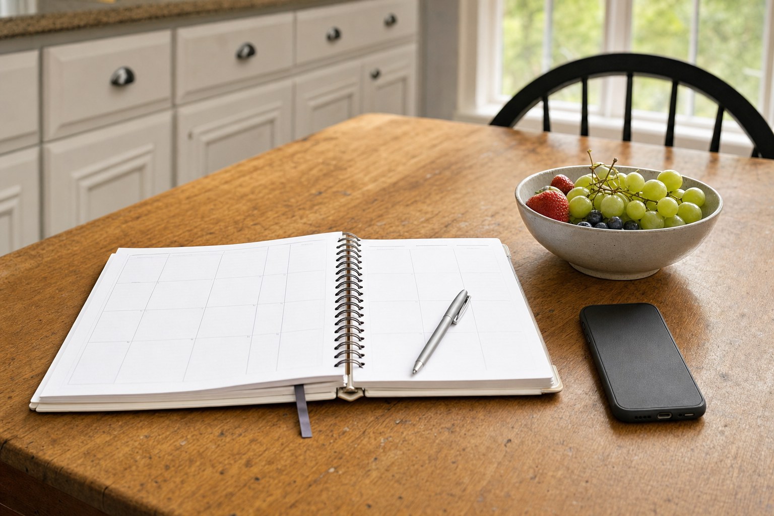 A weekly planner, phone, and bowl of fruit on a kitchen table