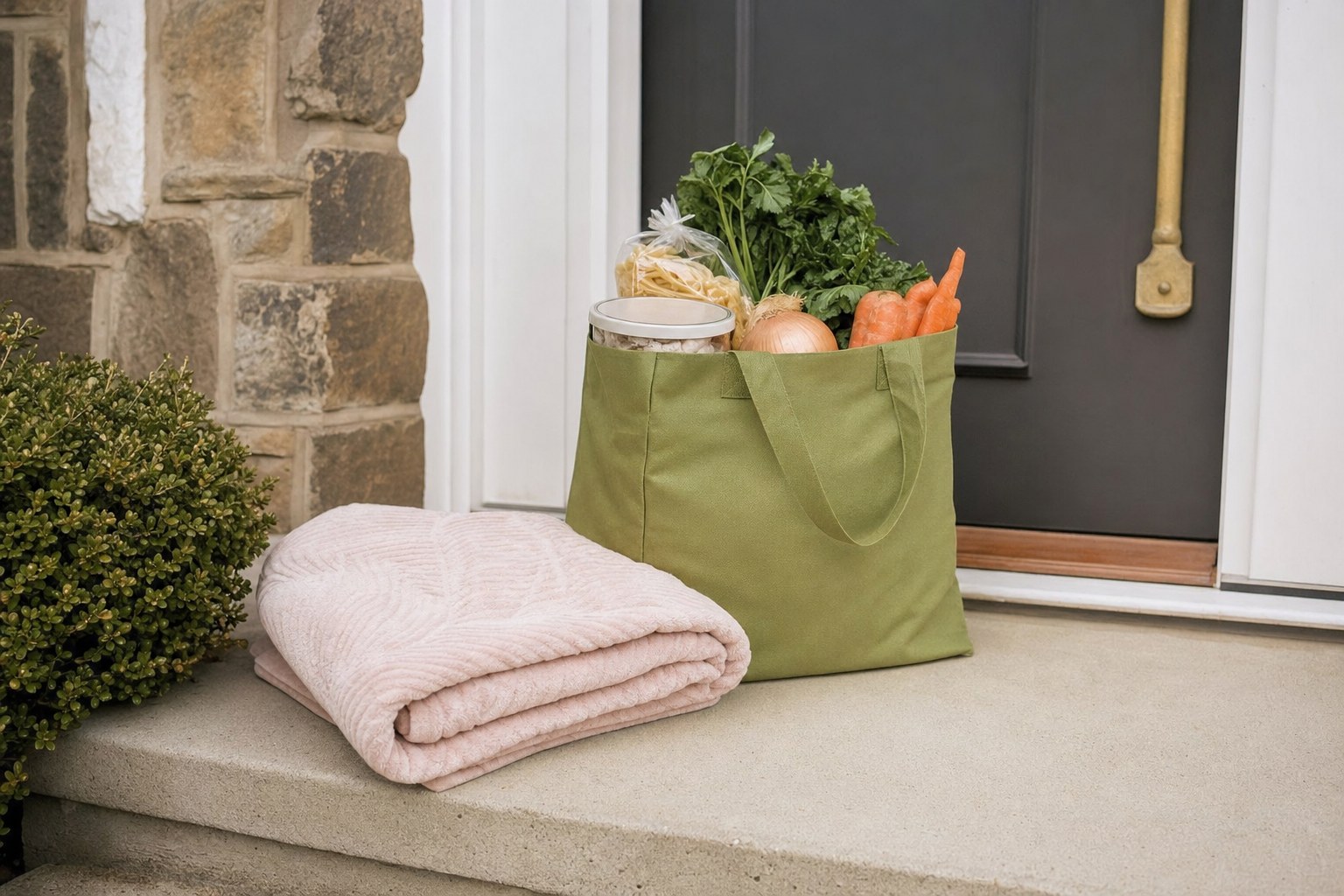 A grocery tote and folded blanket ready at a home doorstep