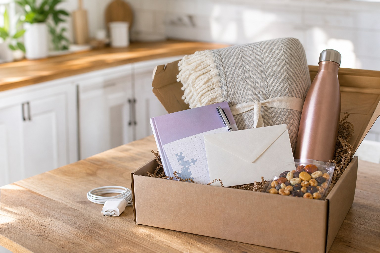 A care package with a blanket, note, puzzle book, water bottle, and snacks
