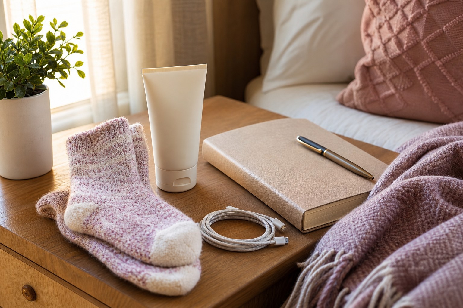 A bedside table with socks, a journal, a charging cable, and a blanket