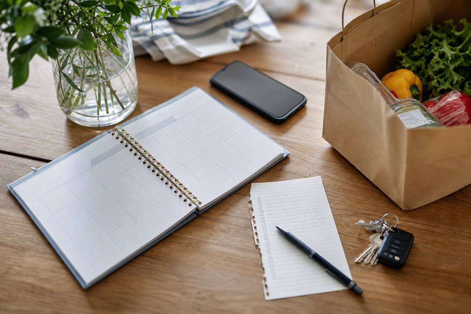 A planner, grocery bag, and list for coordinating practical support