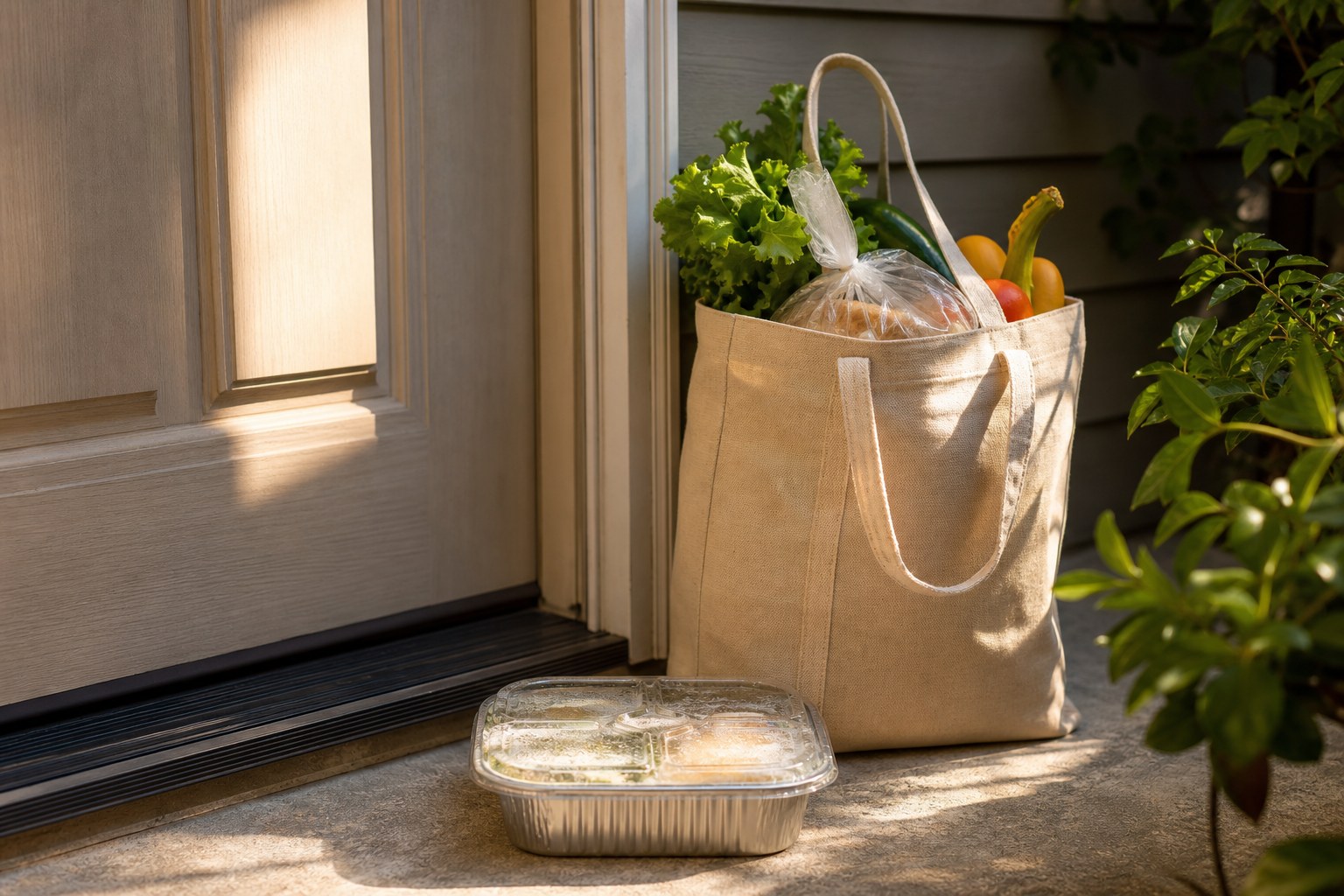 Groceries and a prepared meal ready for a quiet doorstep delivery