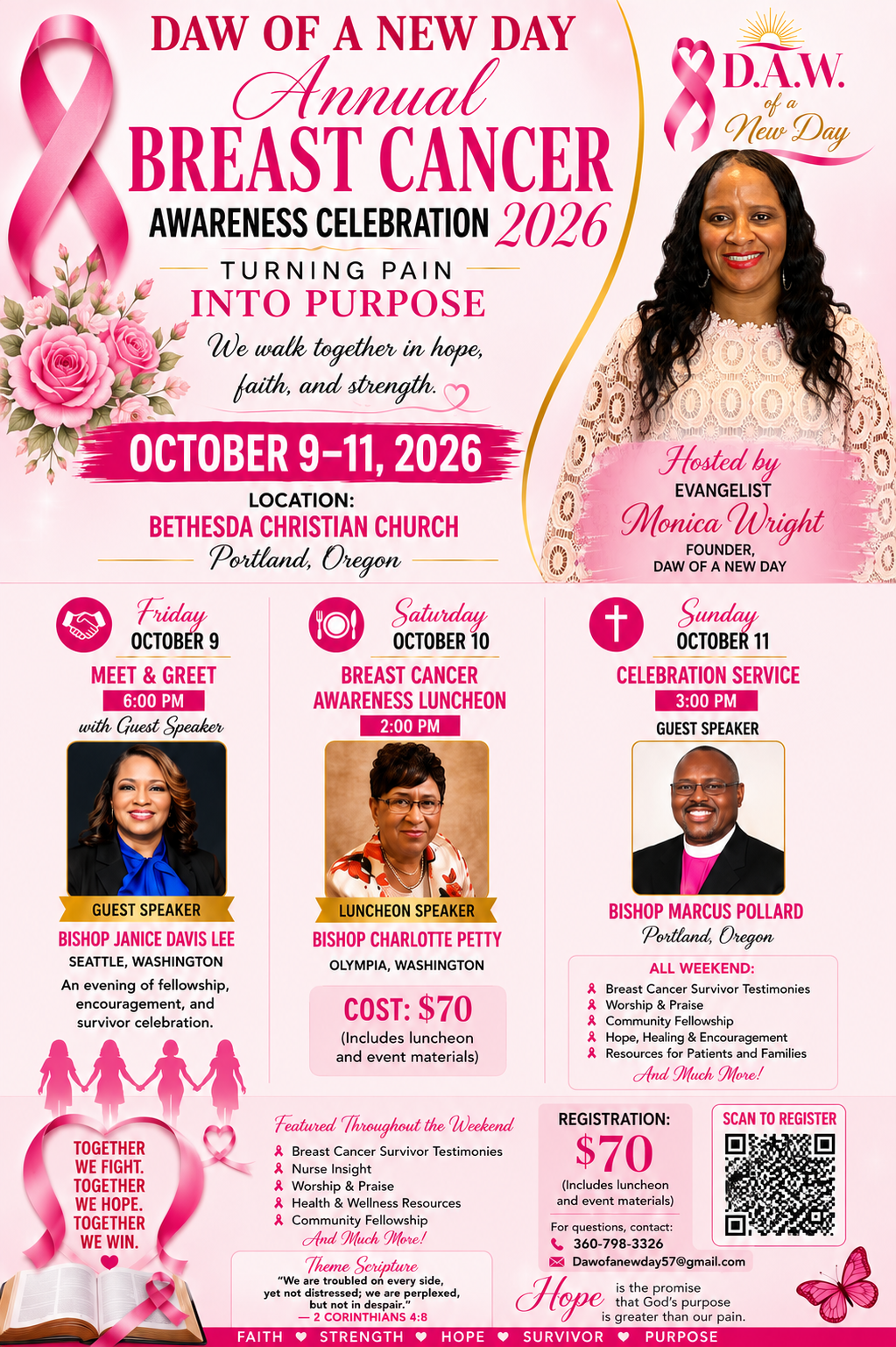 Flyer for the 2026 Annual Breast Cancer Awareness Celebration, October 9 to 11 at Bethesda Christian Church in Portland