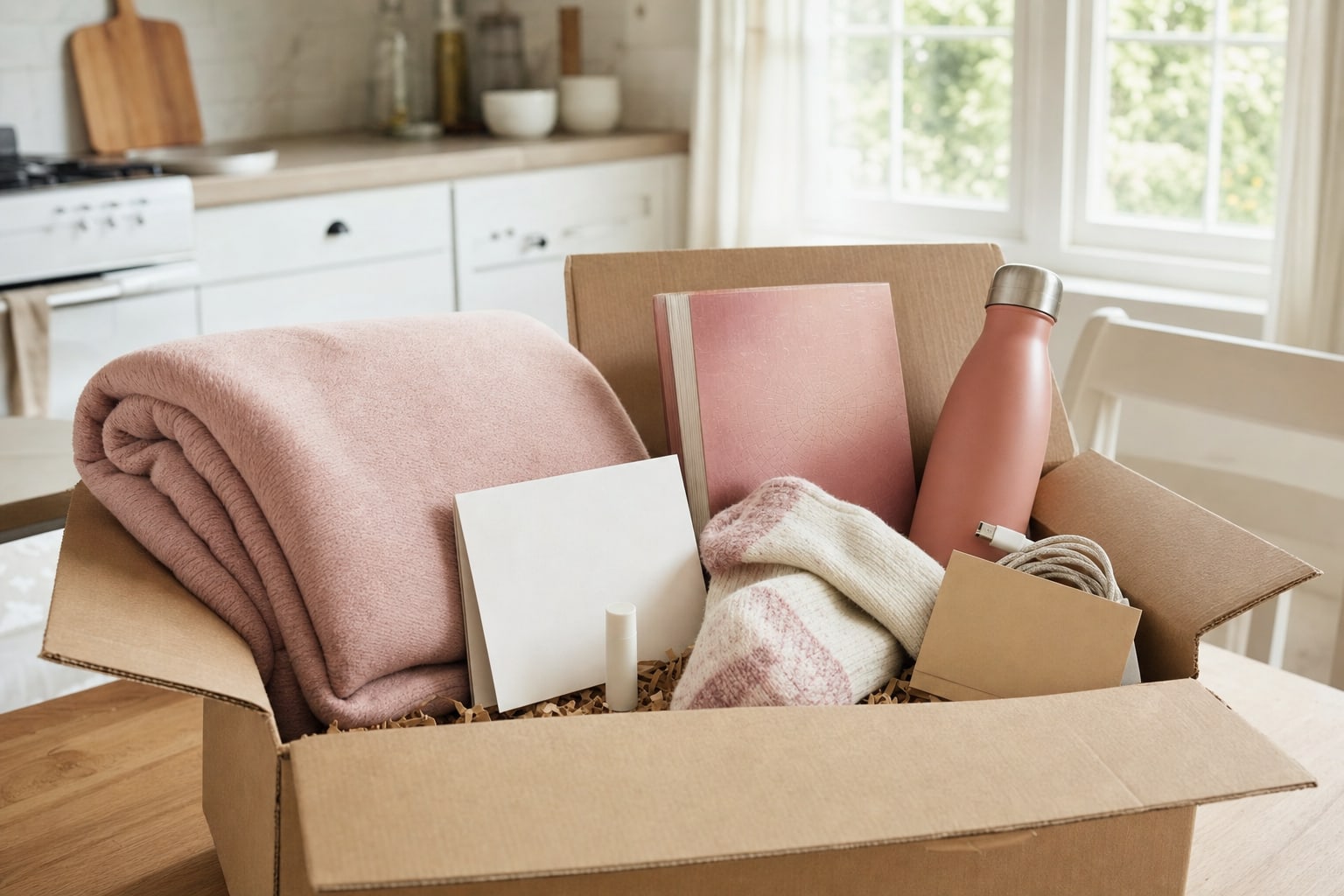 A care package with a blanket, socks, note card, book, water bottle, and charging cable