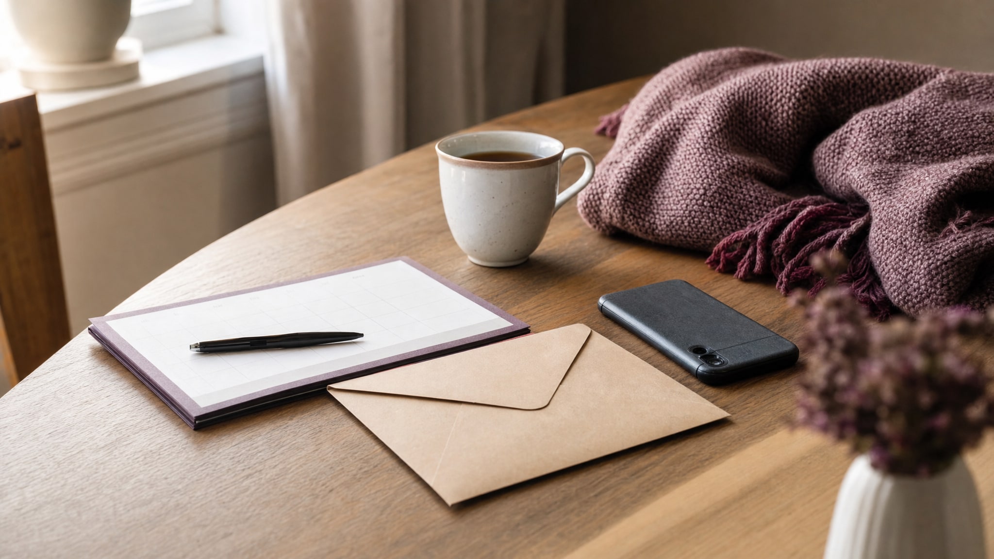 A planner, envelope, tea, and blanket on a home table