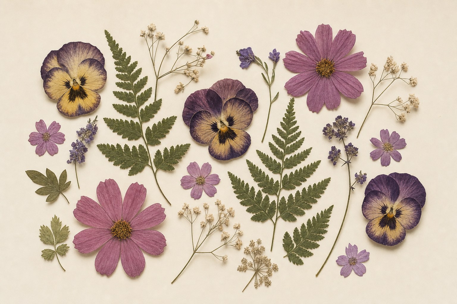Pressed pansies, cosmos, fern fronds, and small flowers on cream paper